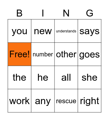High Frequency Words Bingo Card