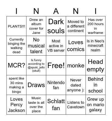 Inanimate Bingo Card