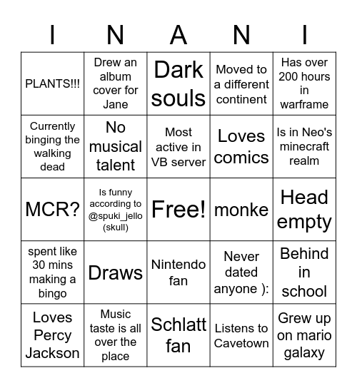 Inanimate Bingo Card