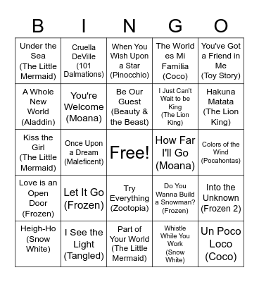 Disney Song Bingo! Bingo Card