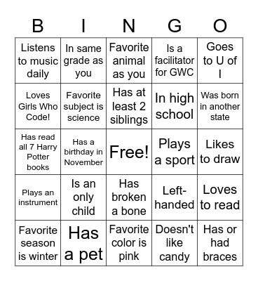 Girls Who Code Bingo Card