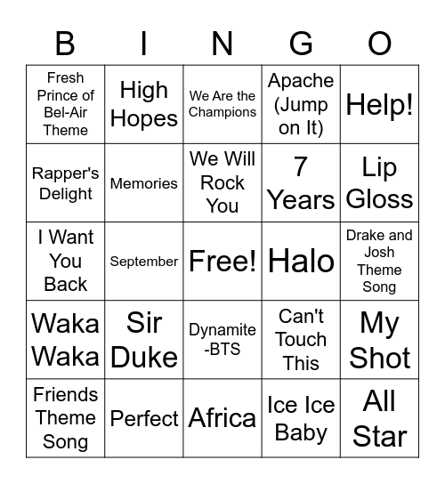 Random Song Bingo Card