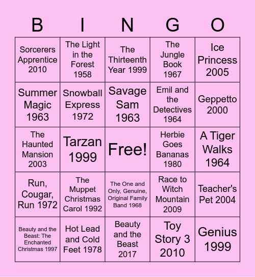 Disney Film Bingo Card