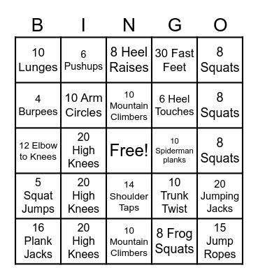 Fitness Bingo Card