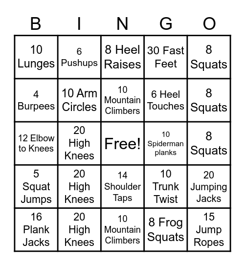 Fitness Bingo Card