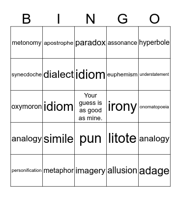 Figurative Language Bingo Card