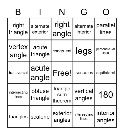 Triangles, Parallel Lines, & Transversals Bingo Card