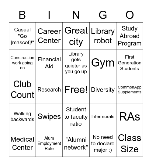College Visit Bingo Card
