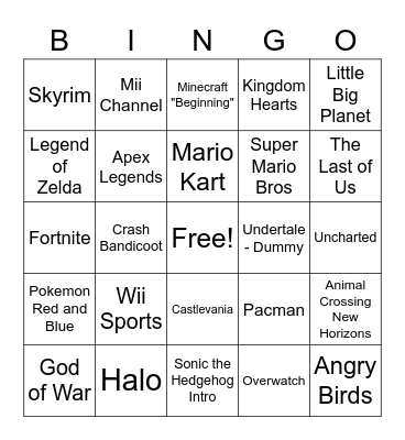 Video Game Music Bingo Card