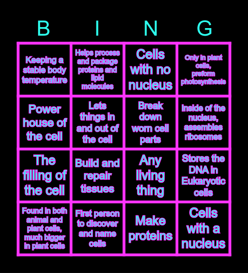 Cells and Organelles Bingo Card