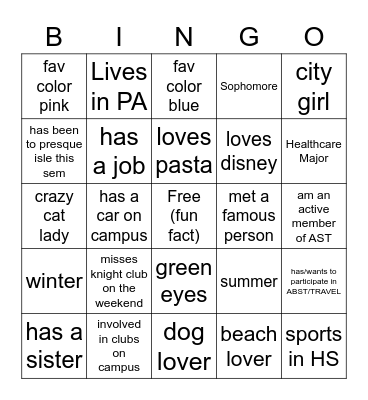 AST BINGO Card