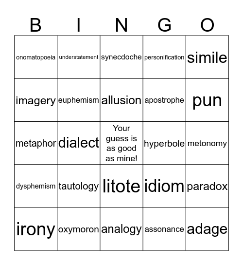 Figurative Language Bingo Card