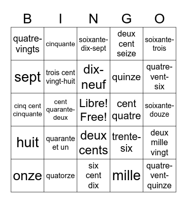 French Numbers Bingo Card