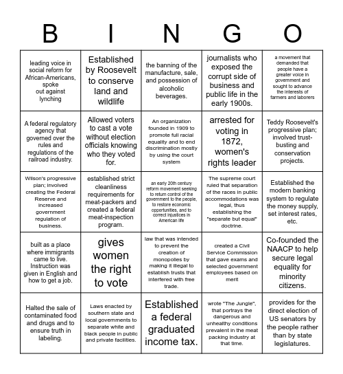 Progressive Era Bingo Card