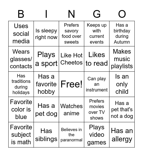 Get to know you Bingo Card