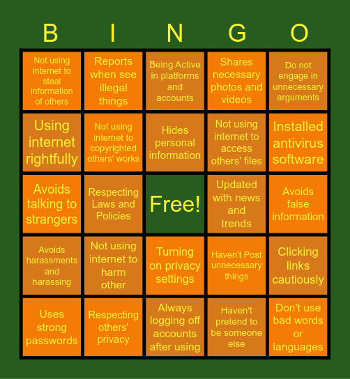 ETHICS IN USING INTERNET Bingo Card