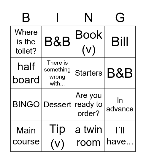 HOTEL AND RESTAURANT Bingo Card