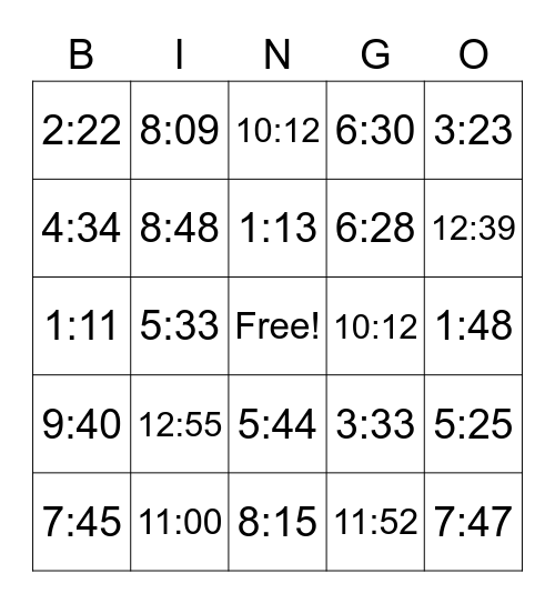 1st period Clocks or Time Bingo Card