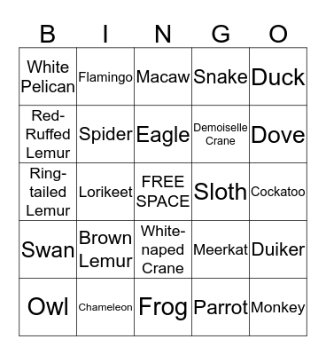 Bird Garden Animals Bingo Card