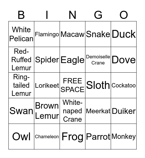 Bird Garden Animals Bingo Card