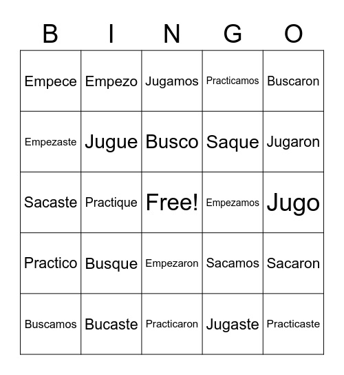 car-gar-and-zar-verbs-bingo-card