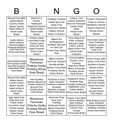 Sample Meals on Wheels Menu Bingo Card