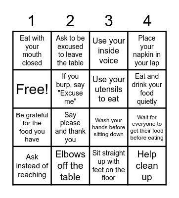 Table Manners Bingo Card