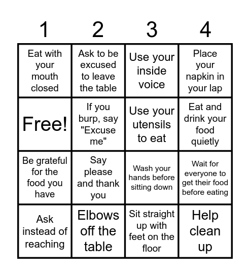 Table Manners Bingo Card