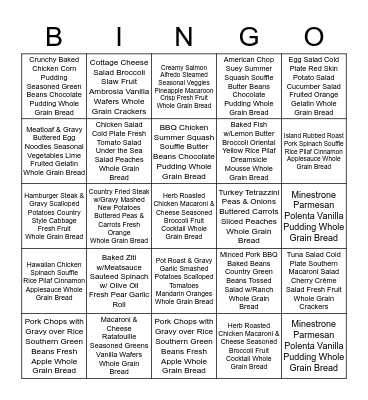 Sample Meals on Wheels Menu Bingo Card