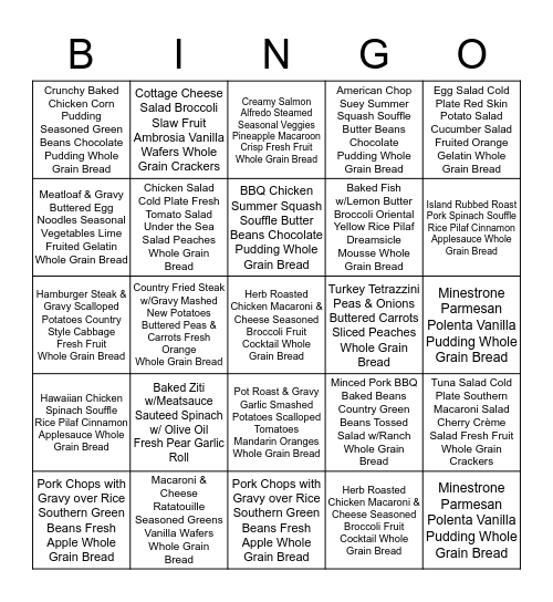 Sample Meals on Wheels Menu Bingo Card