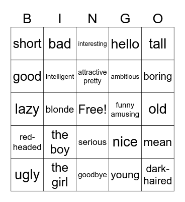 Descriptive Adjectives Bingo Card