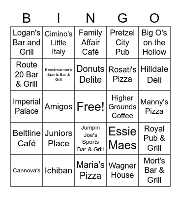 Freeport Restaurant Bingo Card