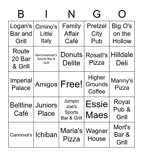 Freeport Restaurant Bingo Card