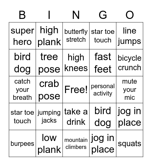 Gym Bingo Card