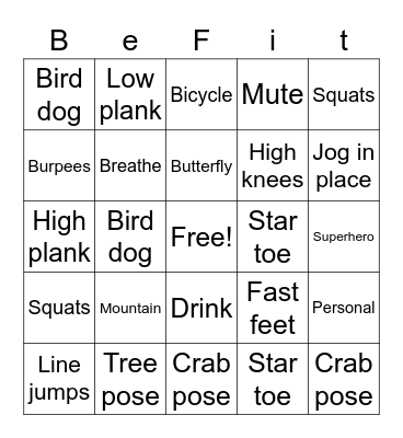 Fitness Bingo Card