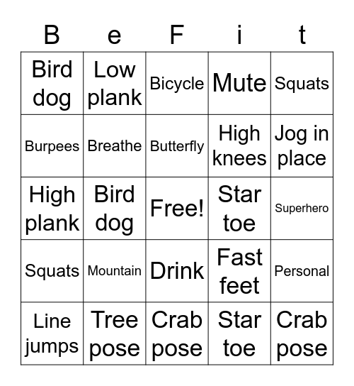 Fitness Bingo Card