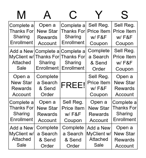 Macy's Sales Associate BINGO Card