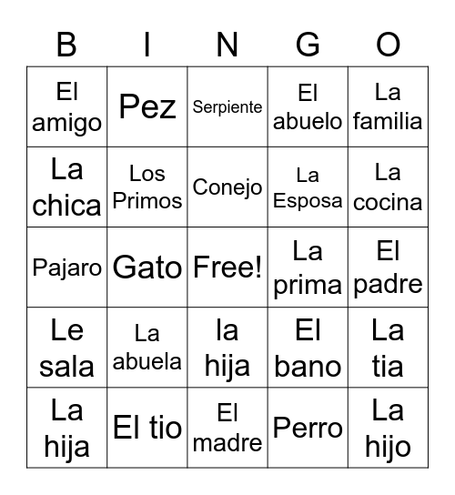 Spanish bingo Card