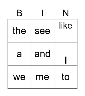 Sight Words Set 1 Bingo Card