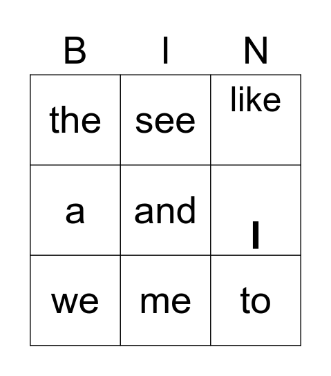 Sight Words Set 1 Bingo Card