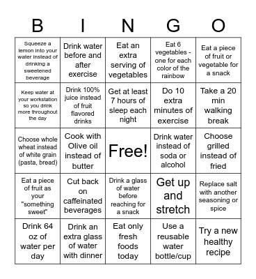 Hydration Bingo Card