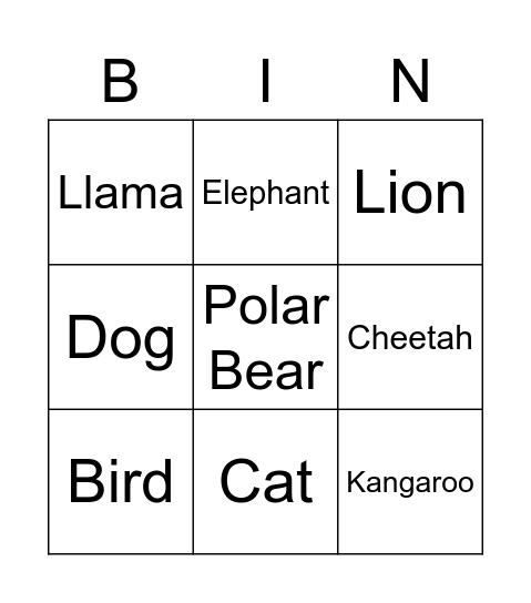 Animal Bingo Card