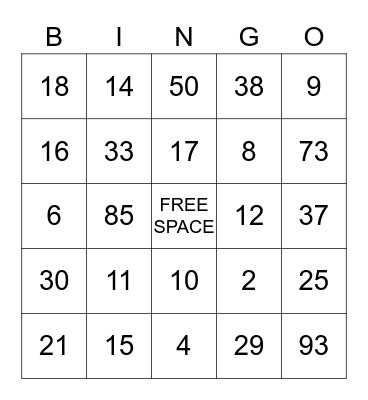 Math Bingo Card