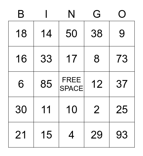 Math Bingo Card