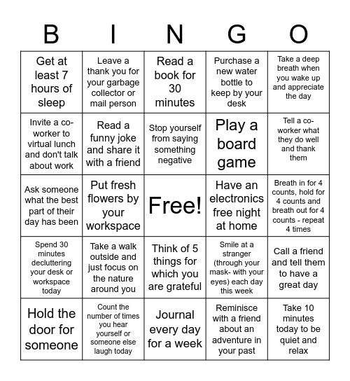 Stress Less and Smile Bingo Card