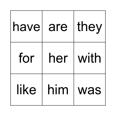 Sight Words Bingo Card