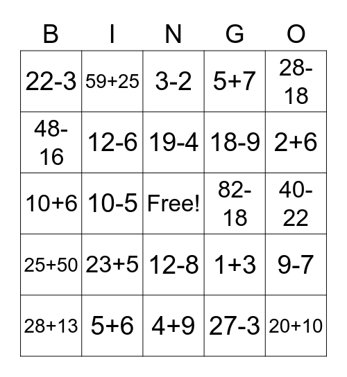 Adding and Subtracting Bingo Card