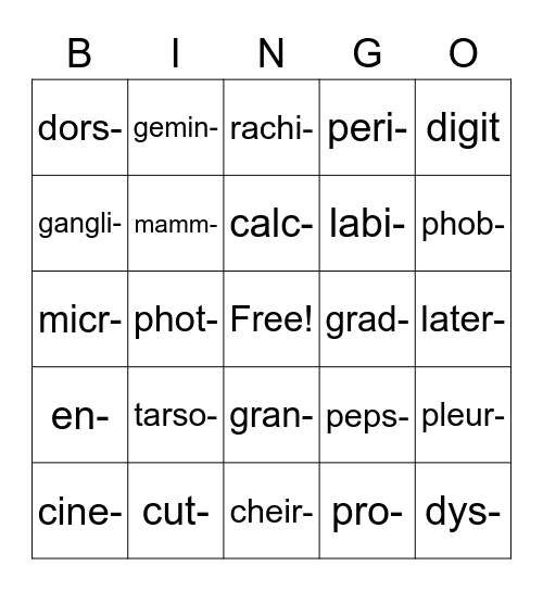 Lesson 9 Medical Terms Bingo Card