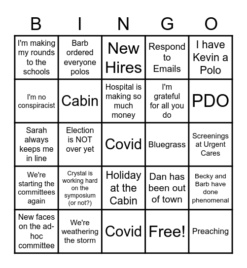 Staff meeting Bingo Card