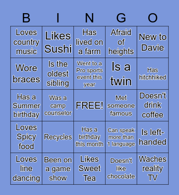 Getting to Know You! Bingo Card